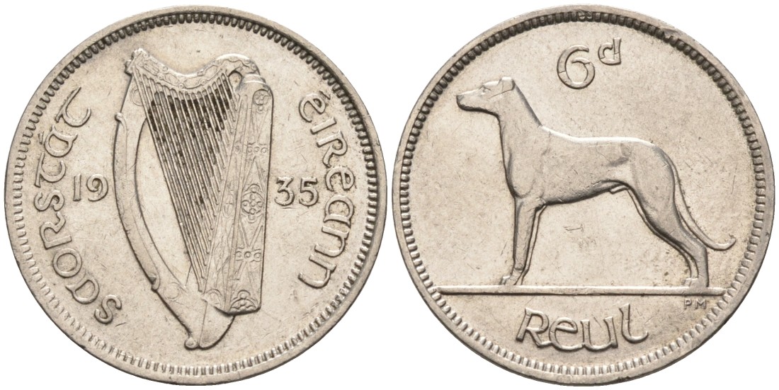 Ирландия 6 пенсов 1935 собака, мрландский волкодав KM 5 никель 202-1131
