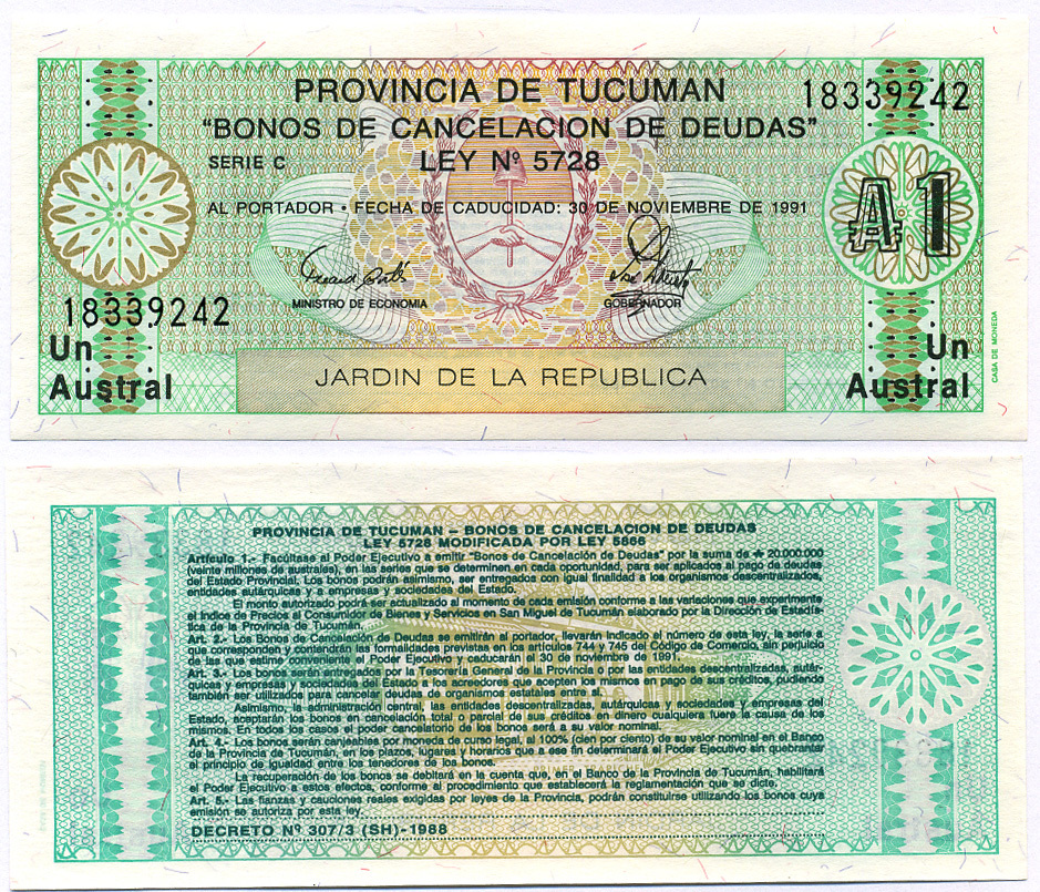 Аргентина, провинция Тукуман 1 аустраль 1991 Pick S 2711b бумага 8564-39-1