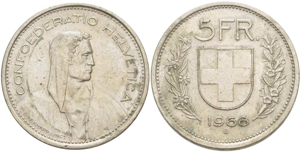 Швейцария 5 франков 1968 В, первый год KM 40а.1 медно-никель 215-742