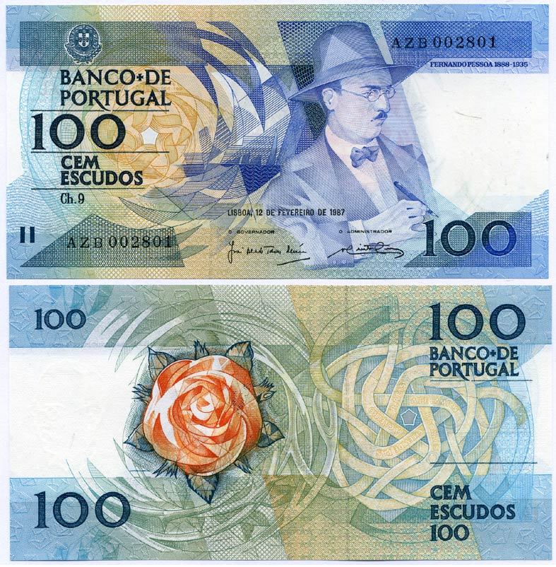 ПОРТУГАЛИЯ 100 ЭСКУДО 1987 12 ФЕВРАЛЯ 1987, ФЕРНАНДО ПЕССОА ПОРТУГАЛЬСКИЙ ПОЭТ Pick 179b бумага аUNC 7486-20-2-2