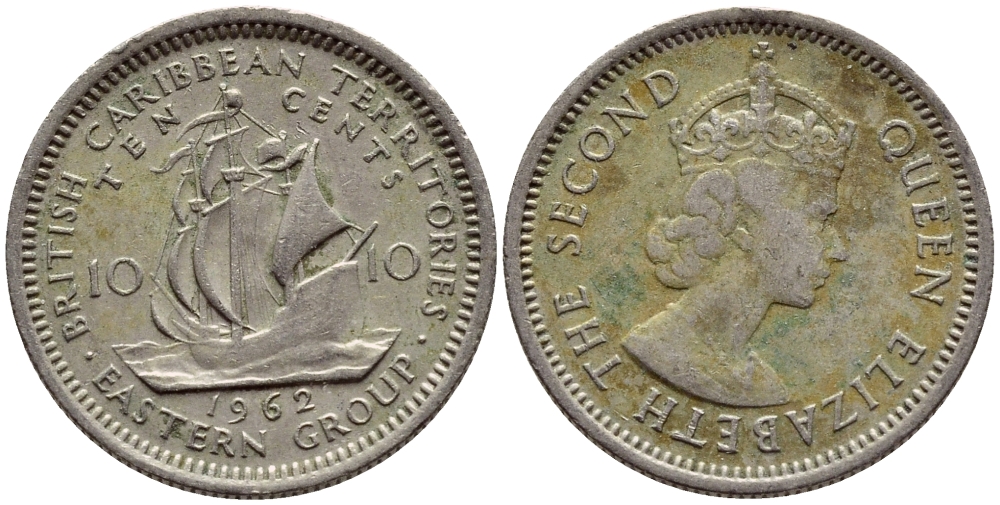 Британские Восточно-Карибские территории 10 центов 1962 Елизавета II (1952-2022), парусник KM 5 медно-никель 4387-1224