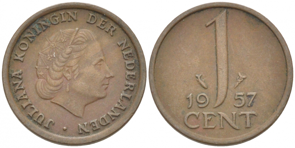 Нидерланды 1 цент 1957 Юлиана (1949-1980) KM 180 бронза 3955-242