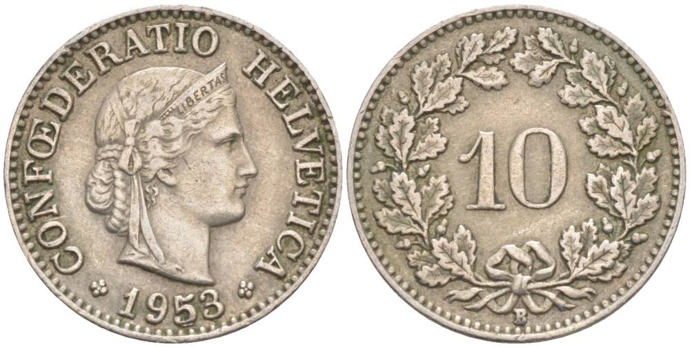 ШВЕЙЦАРИЯ 10 РАППЕНОВ 1953 В KM 27 медно-никель 55-241