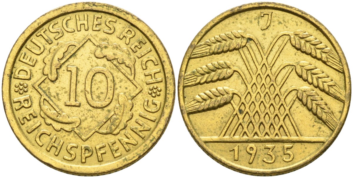 Германия 10 рейхспфеннигов 1935 J KM 40, J.317, Weege 9 алюминиевая бронза 4584-535