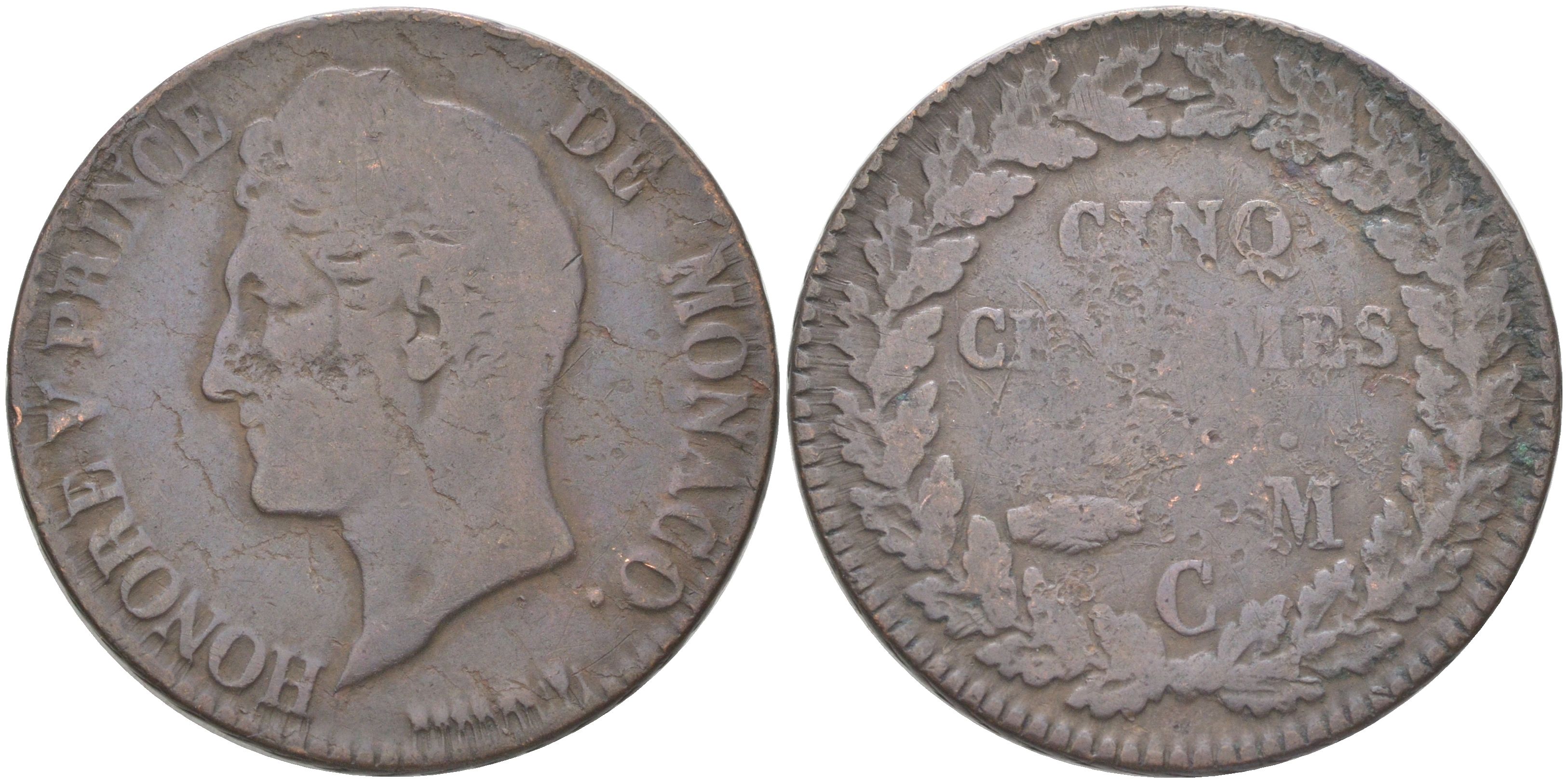 Монако 5 сантимов 1837 Оноре V (1819-1841) KM 95.2a медь 4620-911