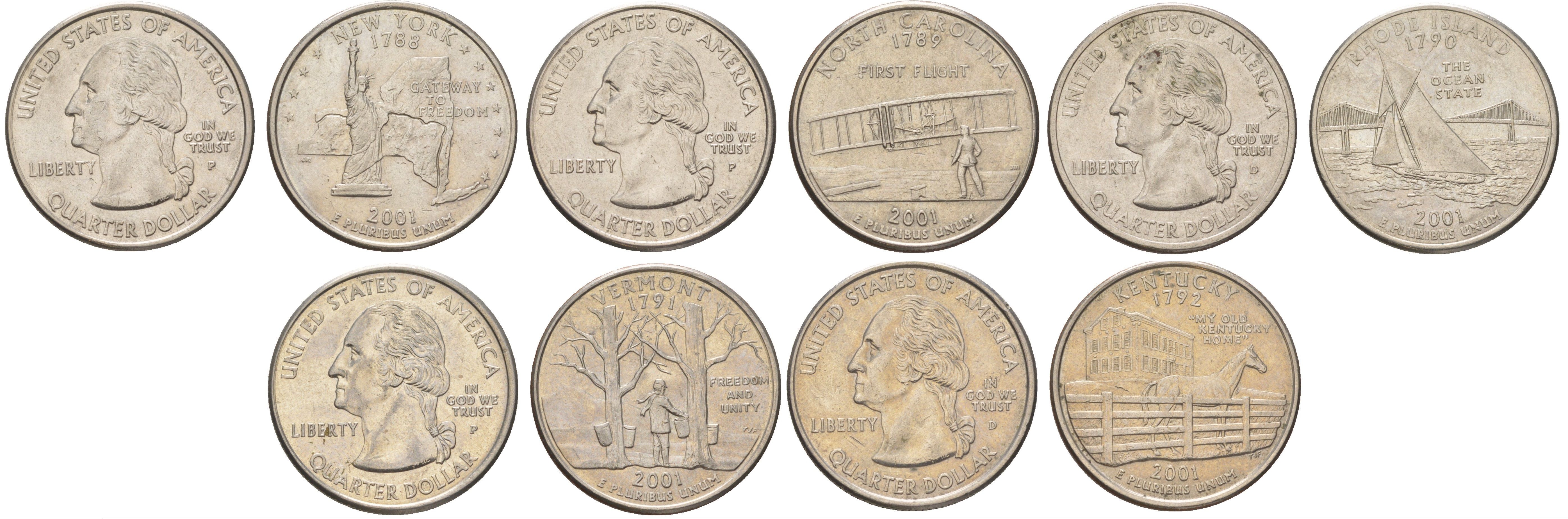 США годовой набор из 5 монет (25 центов, квотер, 1/4 доллара) серии квотеры 50 штатов 2001 Квотер штата Нью-Йорк, Северная Каролина, Род-Айленд, Вермонт и Кентукки KM 318, 319, 320, 321 и 322 медь плакированный медно-никелем UNC 4628-1151-1155
