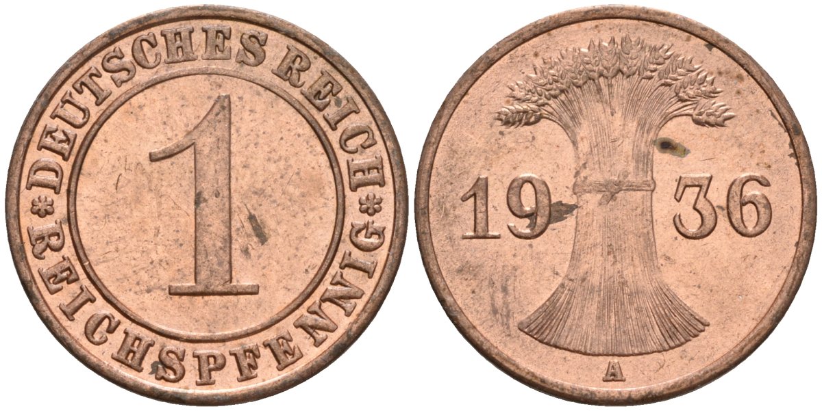 Германия 1 рейхспфенниг 1936 A KM 37, J. 313 бронза 4549-439