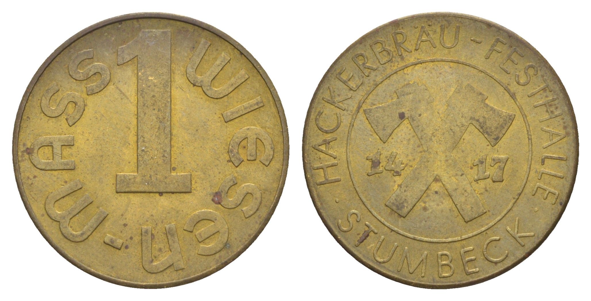 Германия, Мюнхен жетон 1 литра пива ND Hackerbr?u-Festhalle, Wiesen-Mass Men05 17499.1 бронза UNC 4638-152