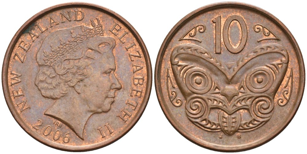 Новая Зеландия 10 центов 2006 Елизавета II (1952-2022), маска маори KM 117а сталь плакированная медью 108-1245