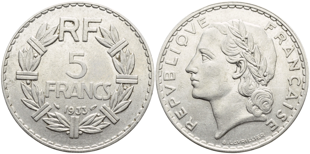 ФРАНЦИЯ 5 ФРАНКОВ 1933 KM 888 никель 4389-1112