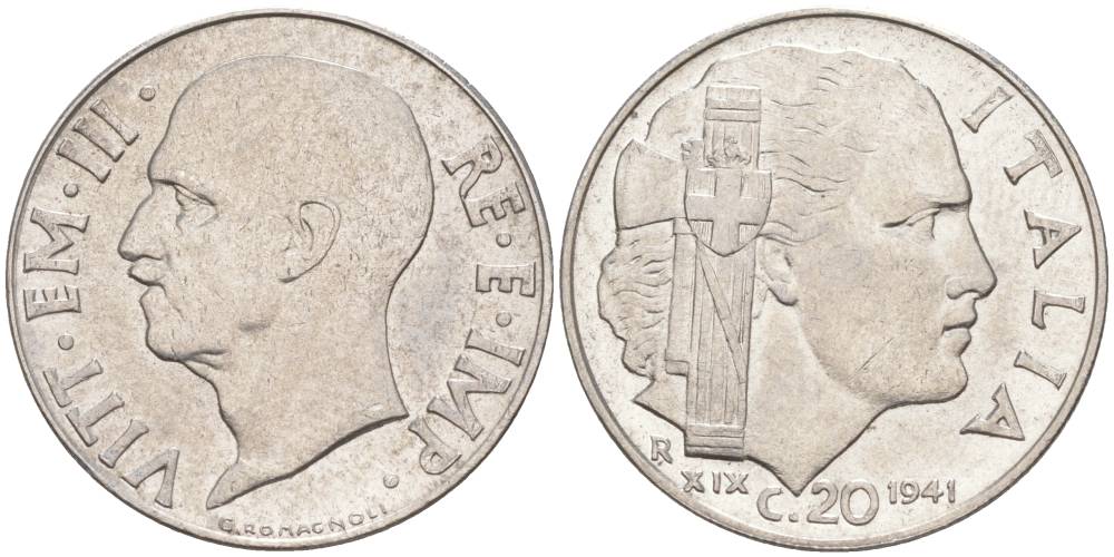 ИТАЛИЯ 20 ЧЕНТЕЗИМО 1941 R, ГОД XIX, ВИКТОР ЭММАНУИЛ III (1900-1946) KM 75b, VEM3. 1028 нержавеющая сталь 3853-1044