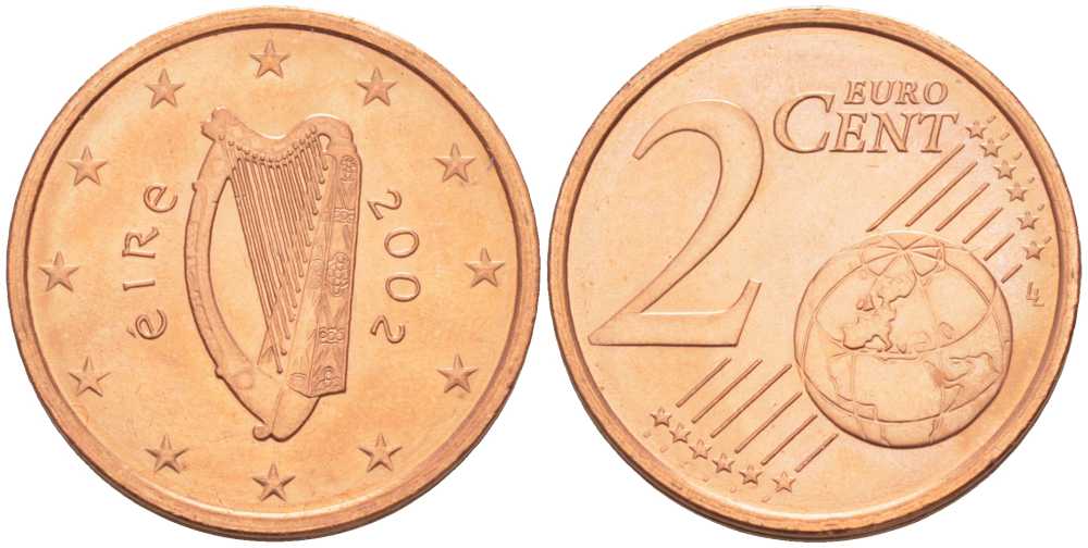 ИРЛАНДИЯ 2 ЕВРОЦЕНТА 2002 KM 33 сталь плакированная медью UNC 214-241