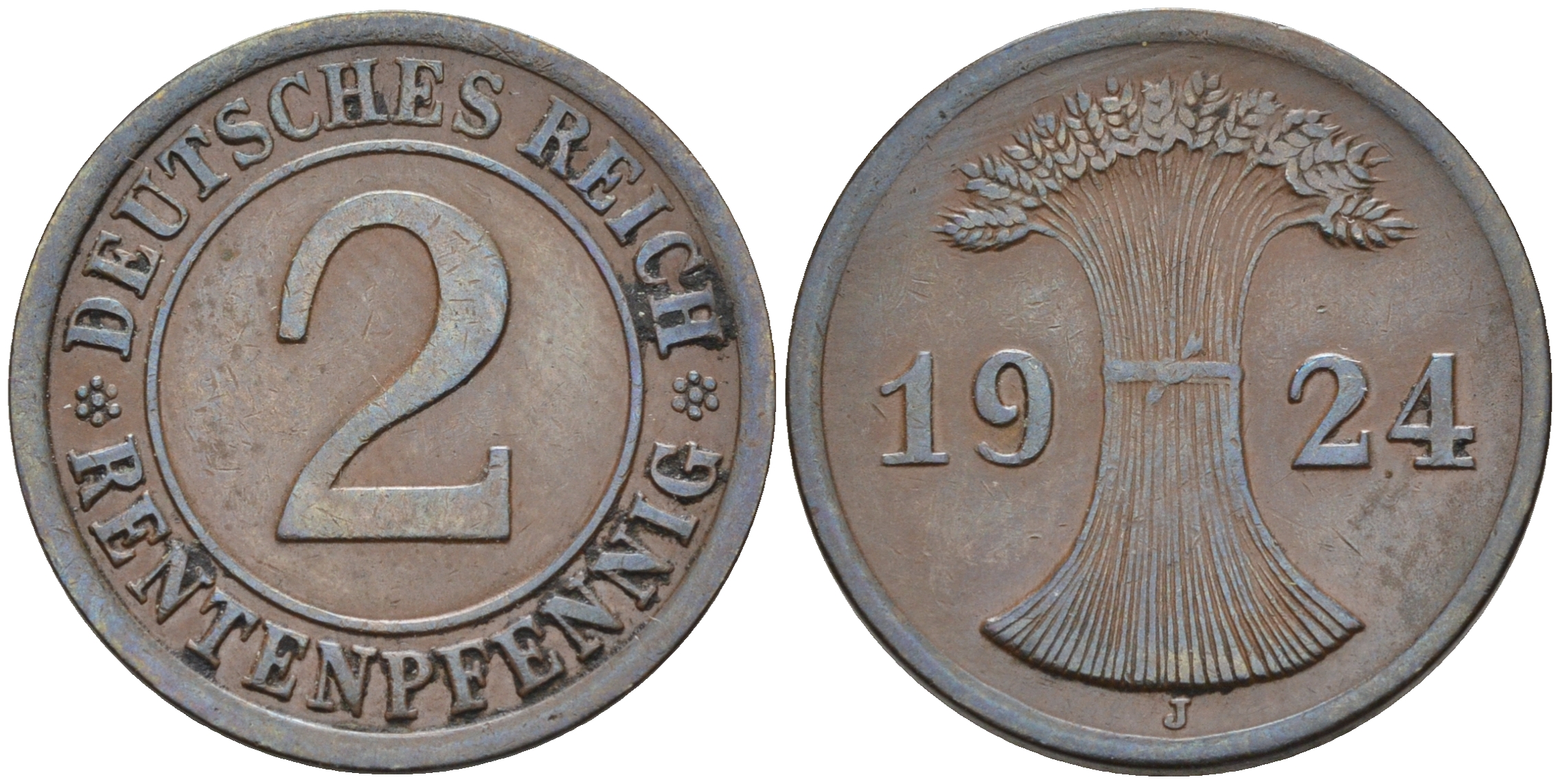 Германия 2 рентенпфеннига 1924 J KM 31, J.307 бронза    4594-848