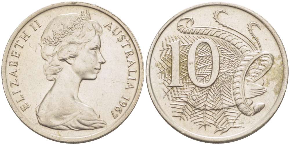 Австралия 10 центов 1967 Елизавета II (1952-), птица лирахвост KM 65 медно-никель 4521-213