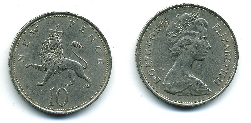 Великобритания 10 пенсов 1969 Елизавета II (1952-2022) KM 912, Spink 4231 (F1) медно-никель  4110-1144