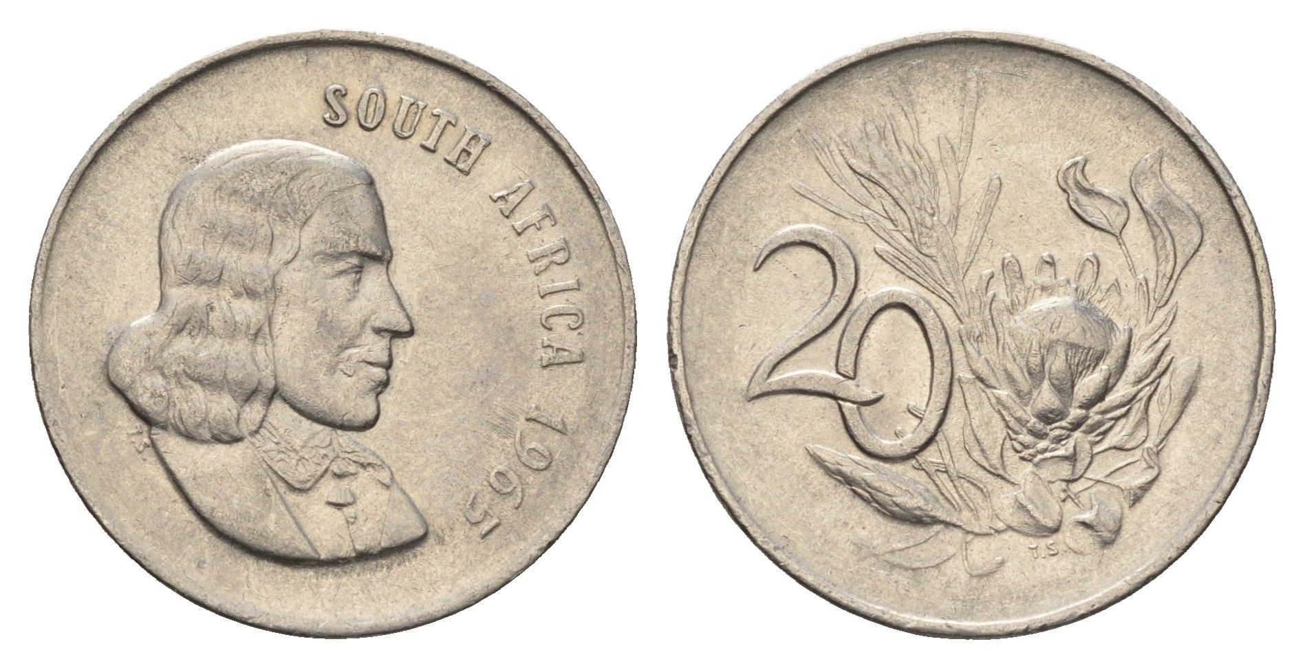 ЮАР 20 центов 1965 Ян ван Рибек (1619-1677), South Africa, легенда на английском, цветок протея KM 69.1 никель 4693-637