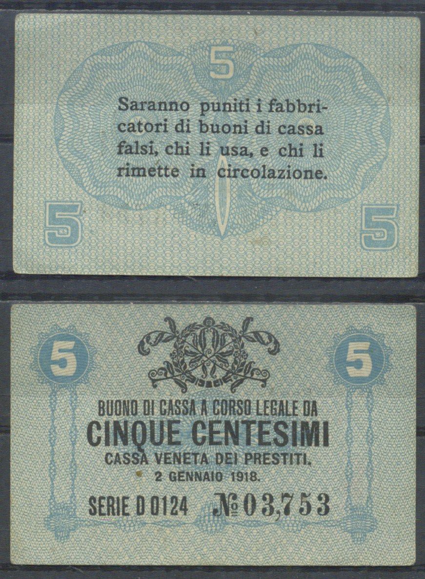 Италия 5 чентезимо 1918 	Венецианский ссудный банк Pick M1 бумага aUNC 7554-6-3-2