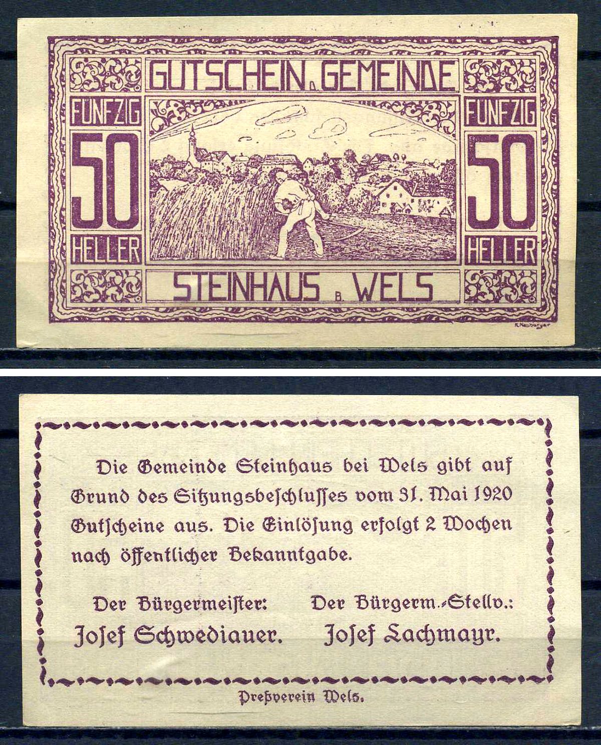 Штайнхаус-бай-Вельс (Австрия) 50 геллеров 1920 бумага UNC (пресс) 7556-31-4-2