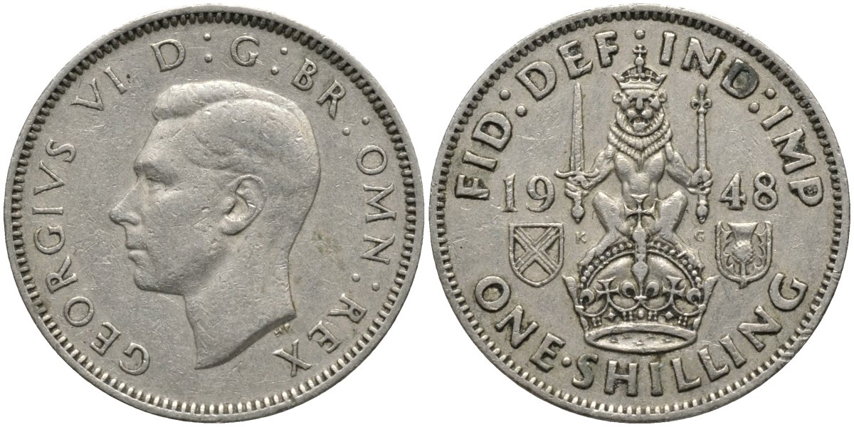 Великобритания 1 шиллинг 1948 Георг VI (1936-1952), Шотландский герб KM 864, Spink 4104 медно-никель 4171-613