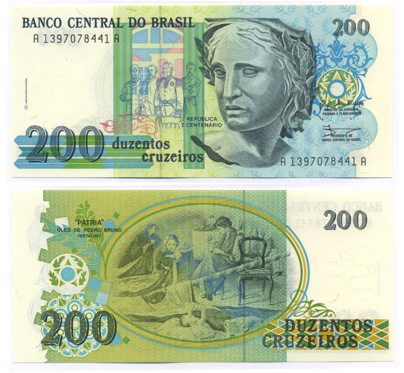 Бразилия 200 крузейро 1990 ПОДПИСЬ 28 Pick 229 бумага UNC (пресс) 445-60-2-2
