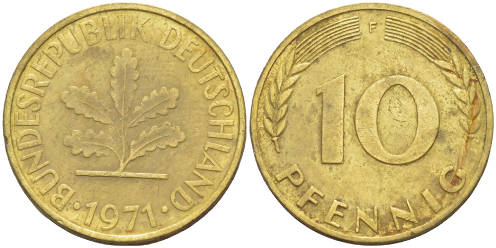 ФРГ 10 ПФЕННИГОВ 1971 F KM 108, J. 383 сталь плакированная латунью 4182-822