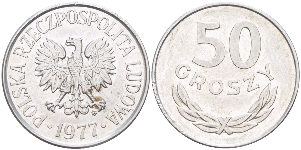 ПОЛЬША 50 ГРОШЕЙ 1977 MW KM 48.1, Parchimowicz 210l алюминий 216-914