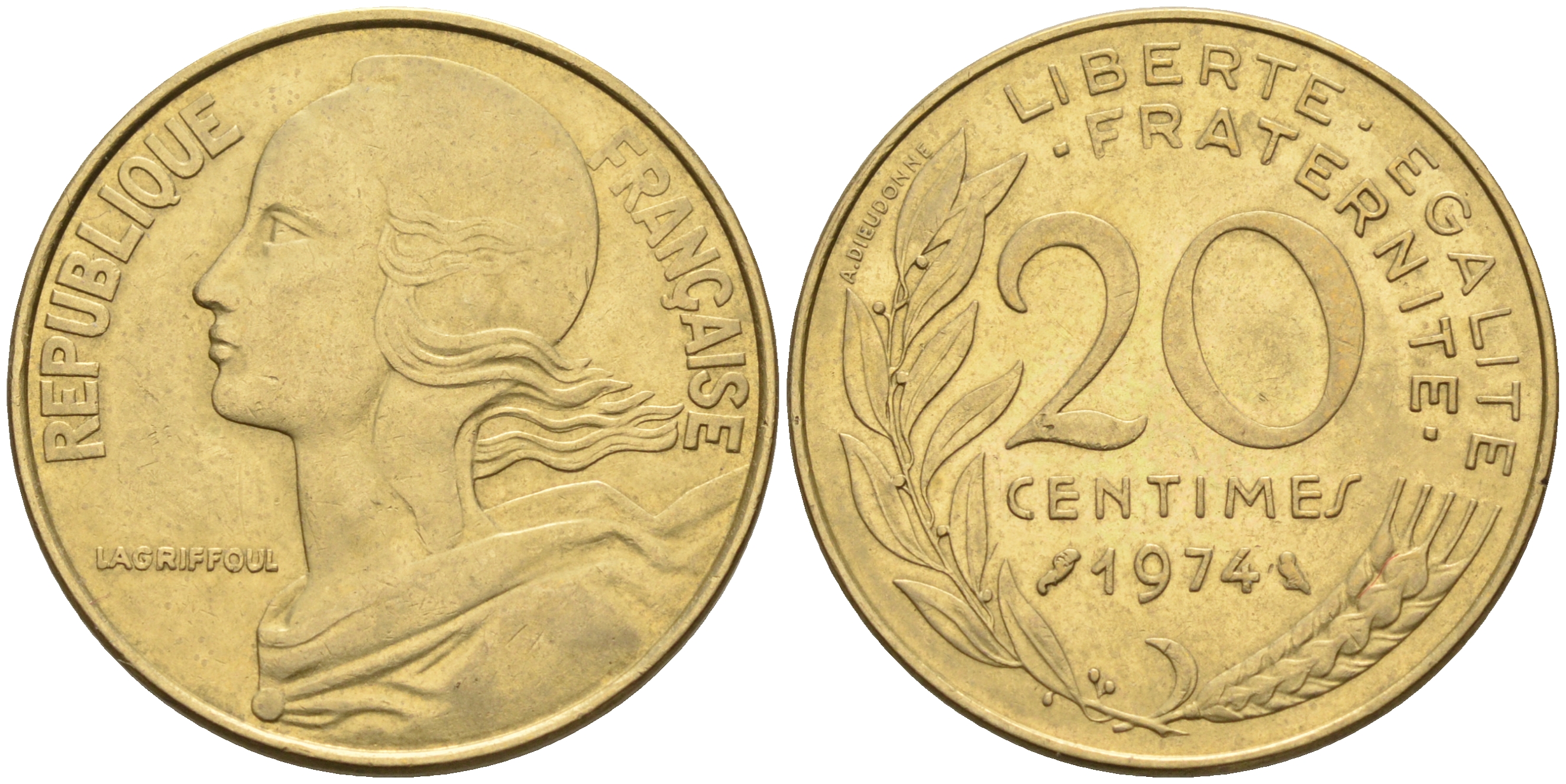 Франция 20 сантимов 1974 тип Марианна KM 930 медь алюминий никель 4116-526