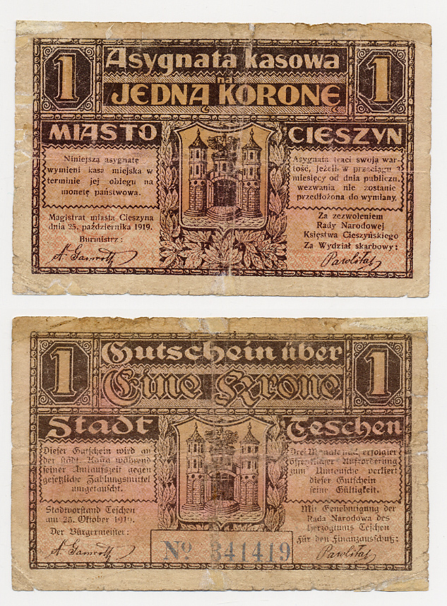 ПОЛЬША, ГОРОД ЦЕШИН 1 МАРКА 1919 Podczaski G-070 C. 1.1 a бумага 2196-12-3-2