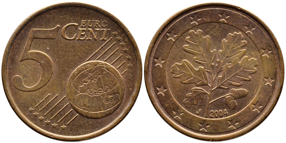ГЕРМАНИЯ 5 ЕВРОЦЕНТОВ 2004 J KM 209 сталь плакированная медью 4390-1036