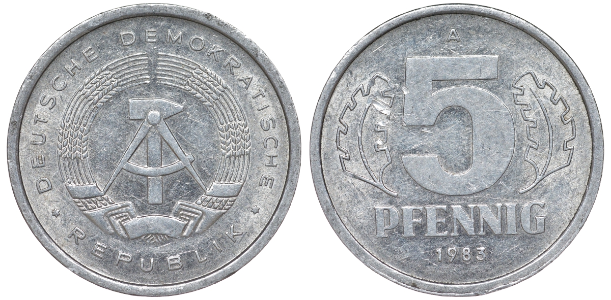 ГДР 5 ПФЕННИГОВ 1983 A КМ 9.2 алюминий 62-456