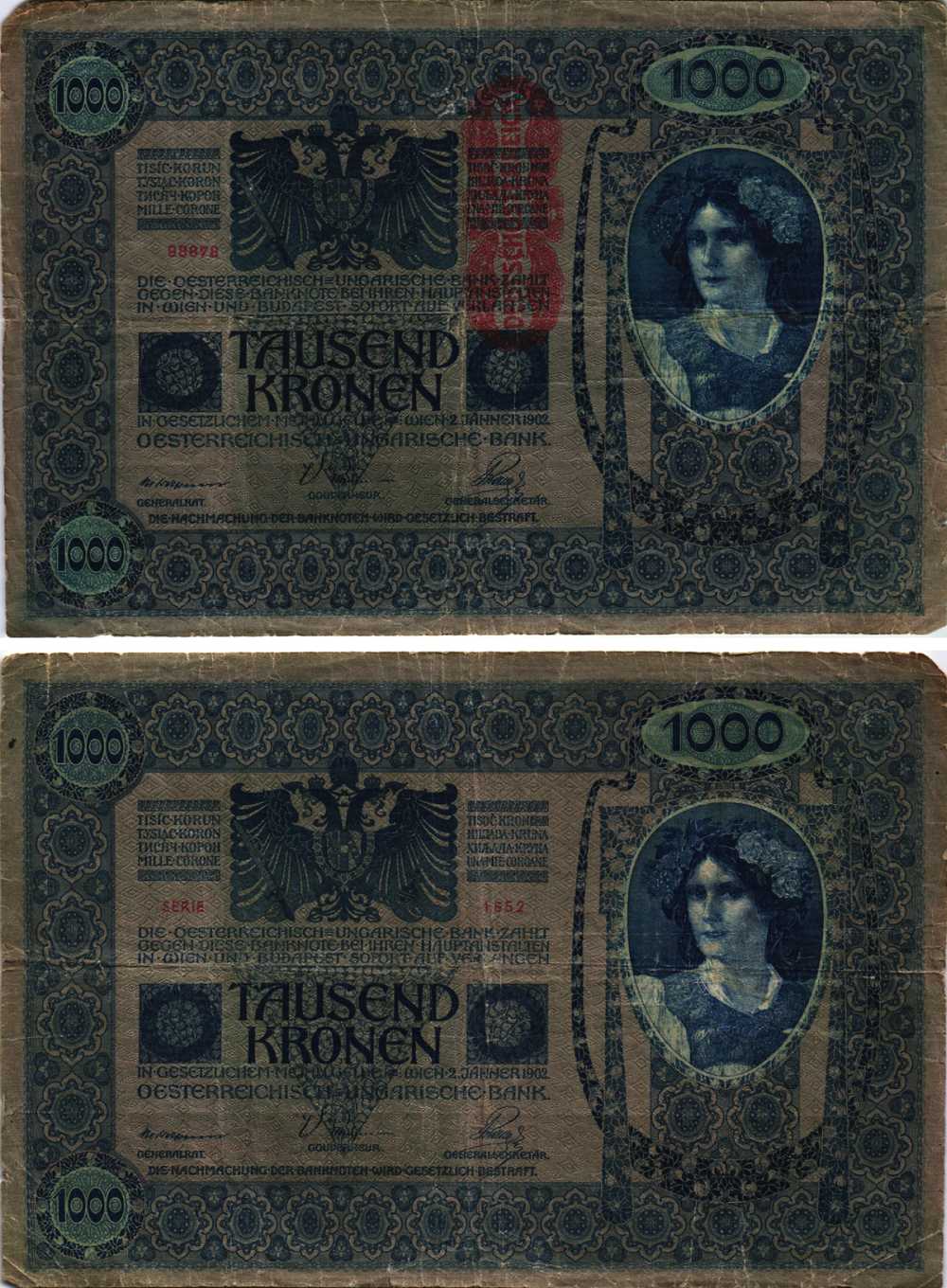 АВСТРИЯ 1000 КРОН 1919 КРАСНАЯ ВЕРТИКАЛЬНАЯ НАБПЕЧАТКА НА 1902 Pick 59 бумага 8609-44-1