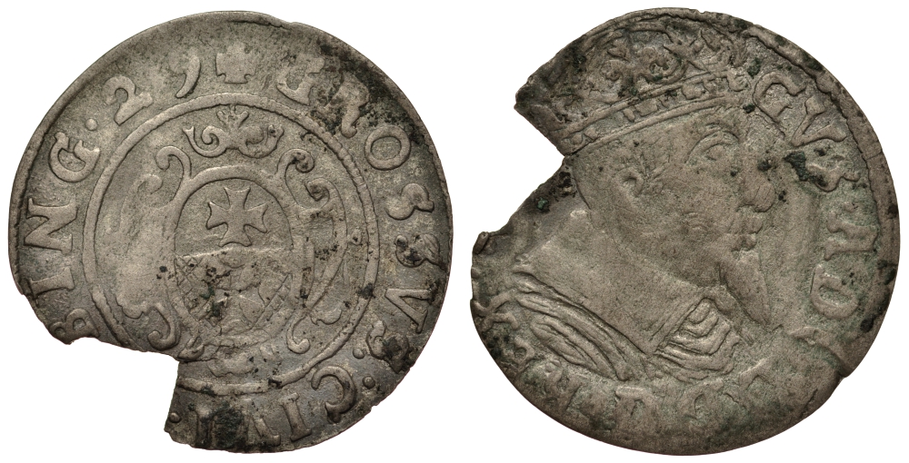 Польша, Эльблонг 1 грош 1629 (16)29, Густав Адольф, шведская оккупация (1626-1636), вес 0,65 гр. KM 24 серебро 1516-1224