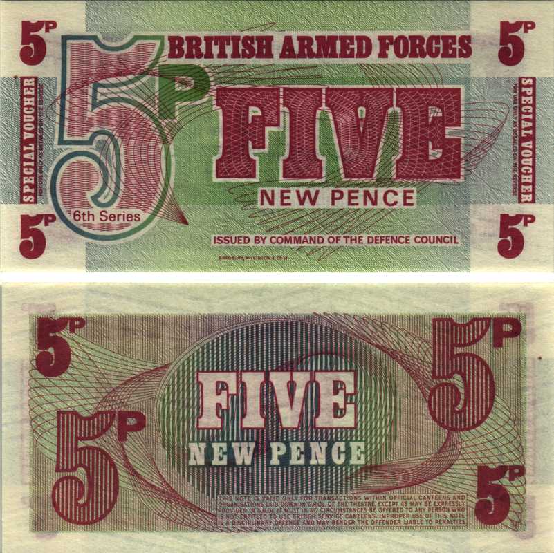 АНГЛИЯ 5 ПЕНСОВ 1972 ШЕСТАЯ СЕРИЯ, ДЛЯ ВООРУЖЁННЫХ СИЛ Pick M44 бумага UNC (ПРЕСС) 8605-25-1-1