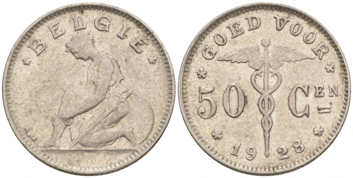 БЕЛЬГИЯ 50 САНТИМОВ 1928 BELGIE KM 88 никель 4516-321