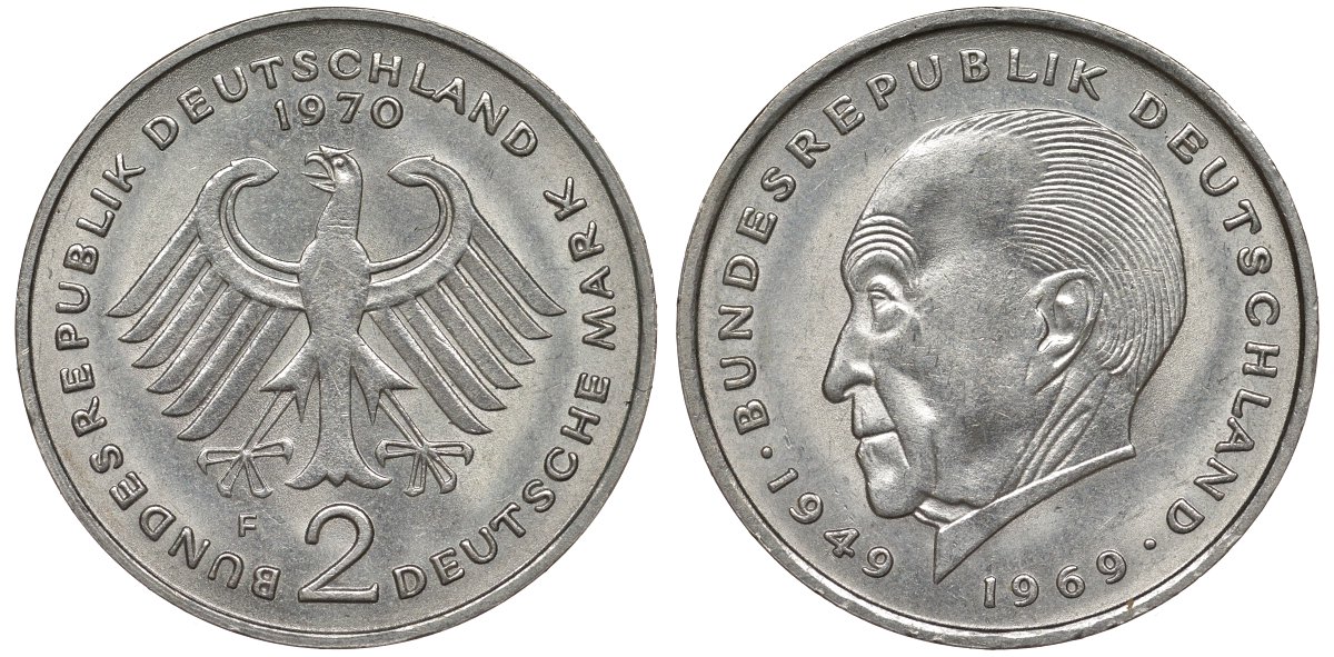 ФРГ 2 МАРКИ 1970 F, КОНРАД АДЕНАУЭР KM 124, J. 406 медно-никель плакированный никелем плакированный никелем UNC 72-432