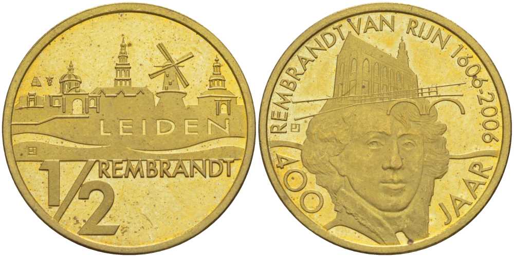 НИДЕРЛАНДЫ ЖЕТОН, 1/2 РЕМБРАНДТА 2006 400 ЛЕТ РЕМБРАНДТУ (1606-2006), ГОРОД LEIDEN, ДИАМЕТР 25 ММ., ВЕС 7 ГР., ТИРАЖ 15000 ЭКЗ. жёлтый металл UNC 51-652