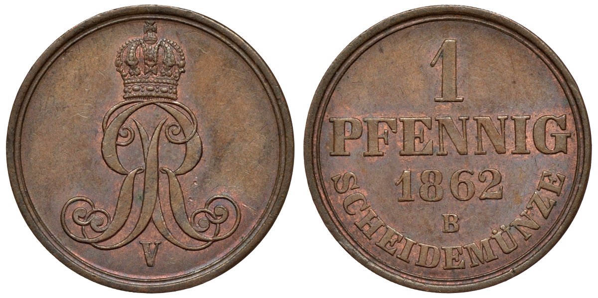 Ганновер 1 пфенниг 1862 B, Георг V KM 233, AKS 156, J. 90 медь 4594-533