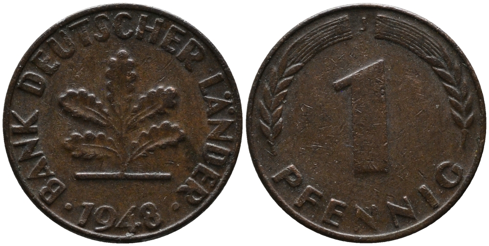 ФРГ 1 пфенниг 1948 J KM А101, J.376 сталь плакированная медью 99-238
