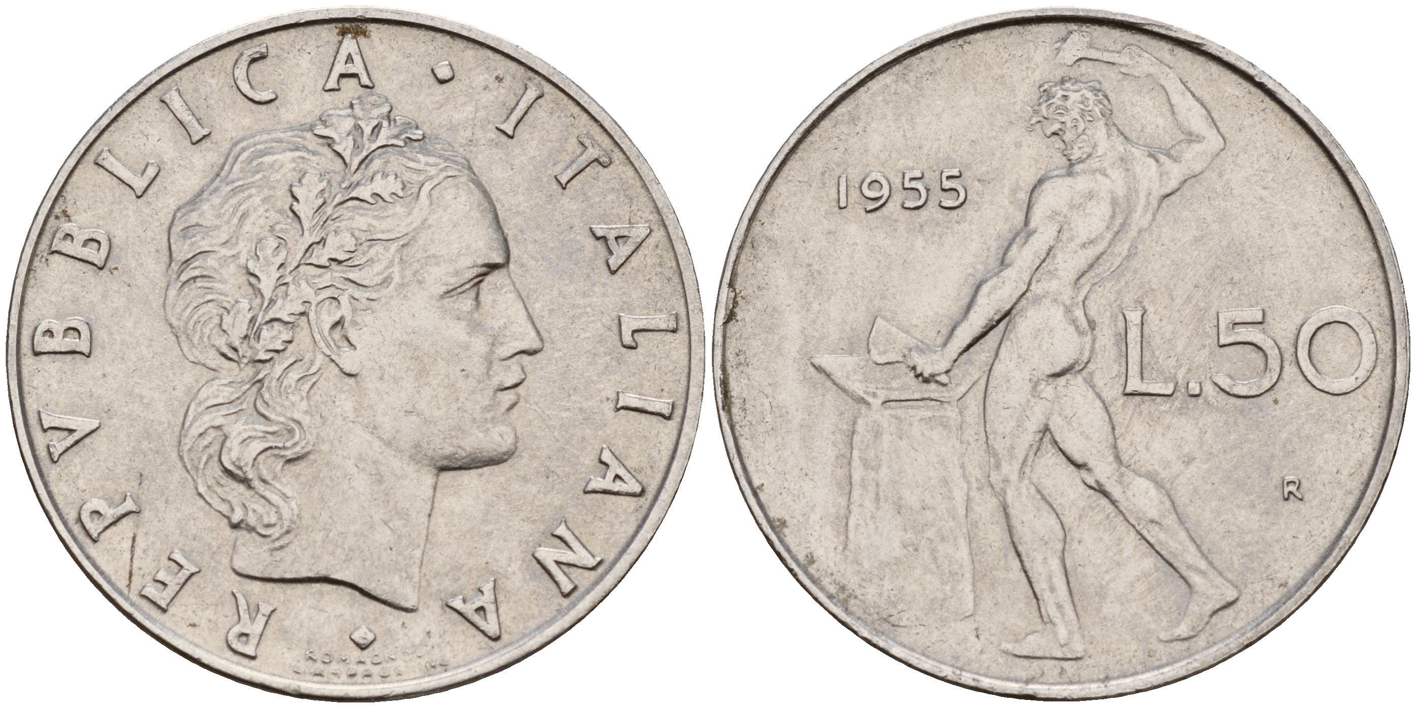 Италия 50 лир 1955 R, бог огня Вулкан у наковальни KM 95.1 нержавеющая сталь 4595-352