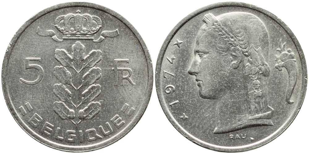 БЕЛЬГИЯ 5 ФРАНКОВ 1974 BELGIQUE KM 134.1 медно-никель 4110-822