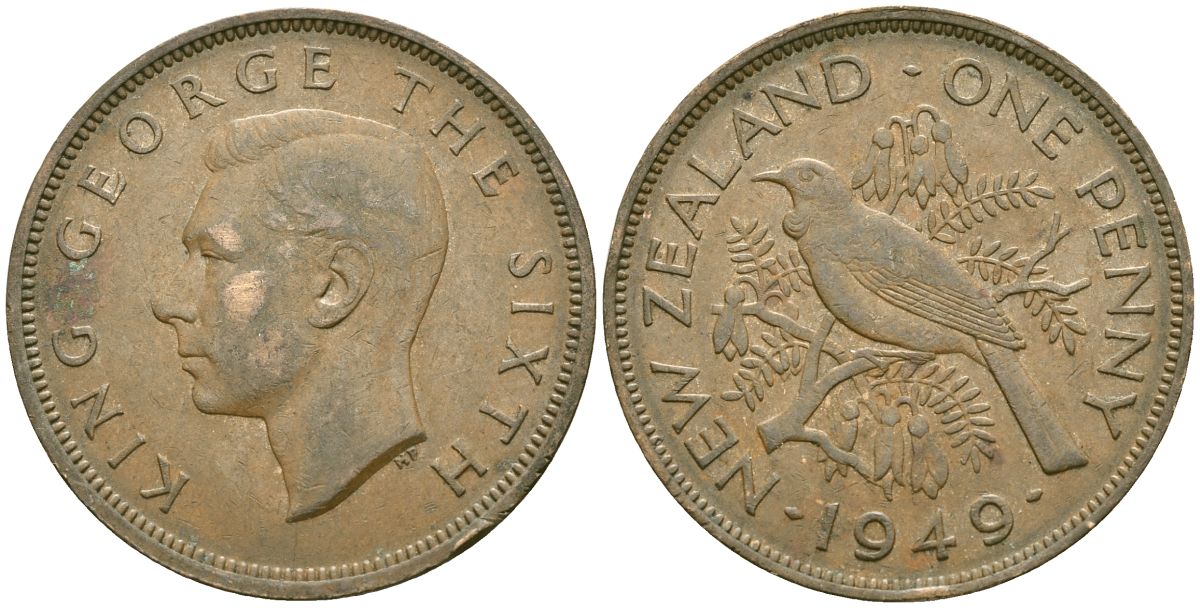 Новая Зеландия 1 пенни 1949 Георг VI (1936-1952), новозеландский туи KM 21 бронза 4364-4216