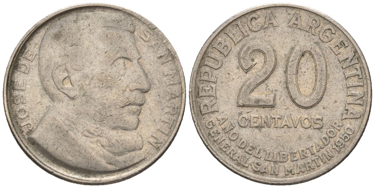Аргентина 20 сентаво 1950 100 лет со дня смерти Хосе де Сан Мартина KM 45, CJ 228, Schon 48 медно-никель    60-927