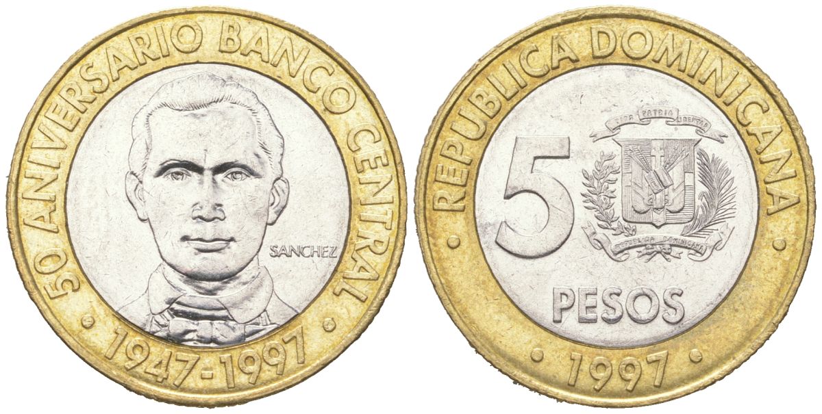 Доминиканская республика 5 песо 1997 50 лет центральному банку KM 88 биметалл 4364-155