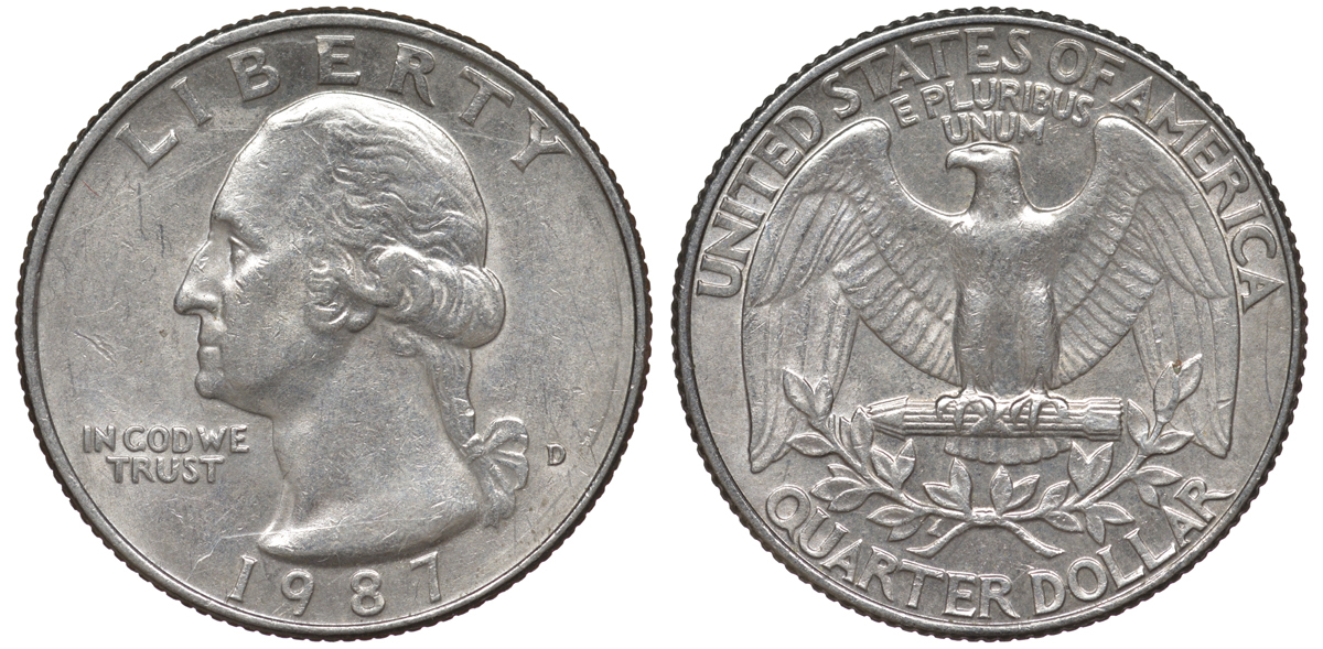 США 25 центов = квотер 1987 D, Вашингтон KM A164a медь плакированная медно-никелем 4543-927