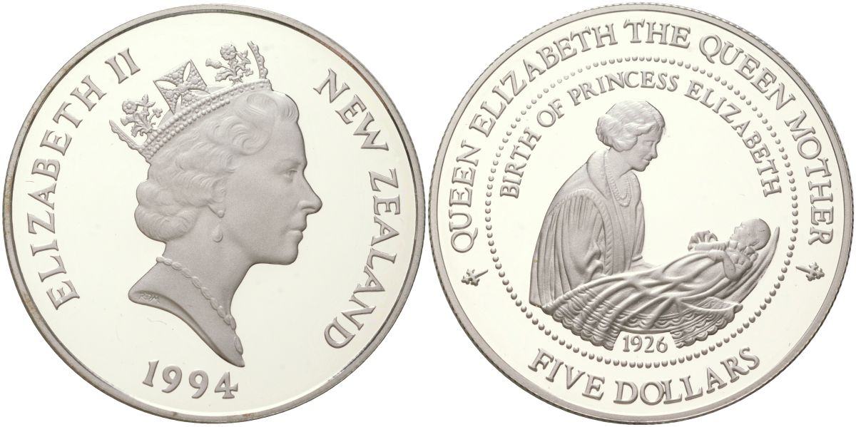 Новая Зеландия 5 долларов 1994 94 года со дня рождения Королевы-матери KM 91 серебро PROOF 01-233-35
