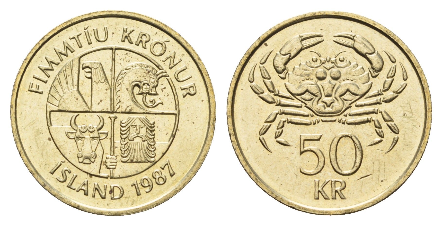 Исландия 50 крон 1987 краб KM 31 никель латунь aUNC 4652-1214