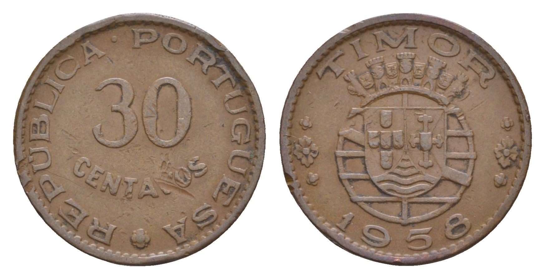 Португальский Тимор 30 сентаво 1958 год-тип KM 11 бронза 413-1421