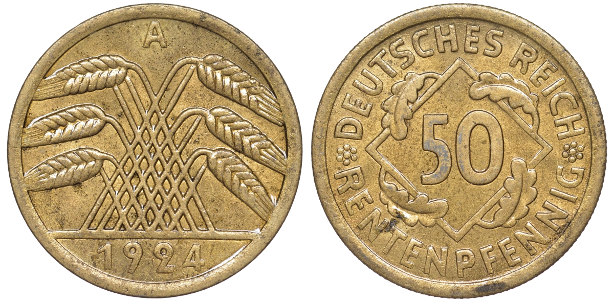 Германия 50 рентенпфеннигов 1924 A J. 310, KM 34 алюминиевая бронза aUNC 1522-745