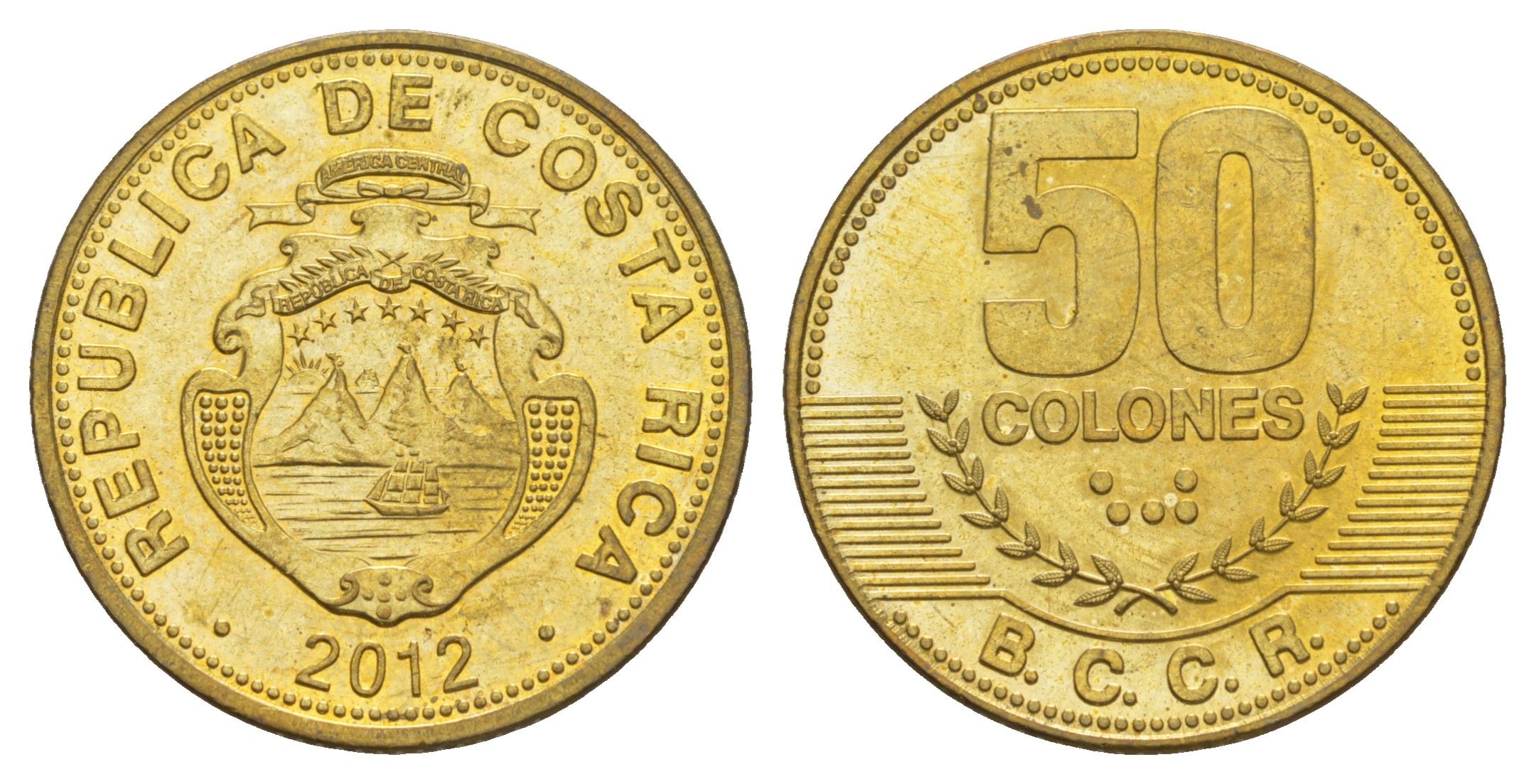 Коста-Рика 50 колонов 2012 KM 231.1b сталь плакированная латунью UNC 4642-936