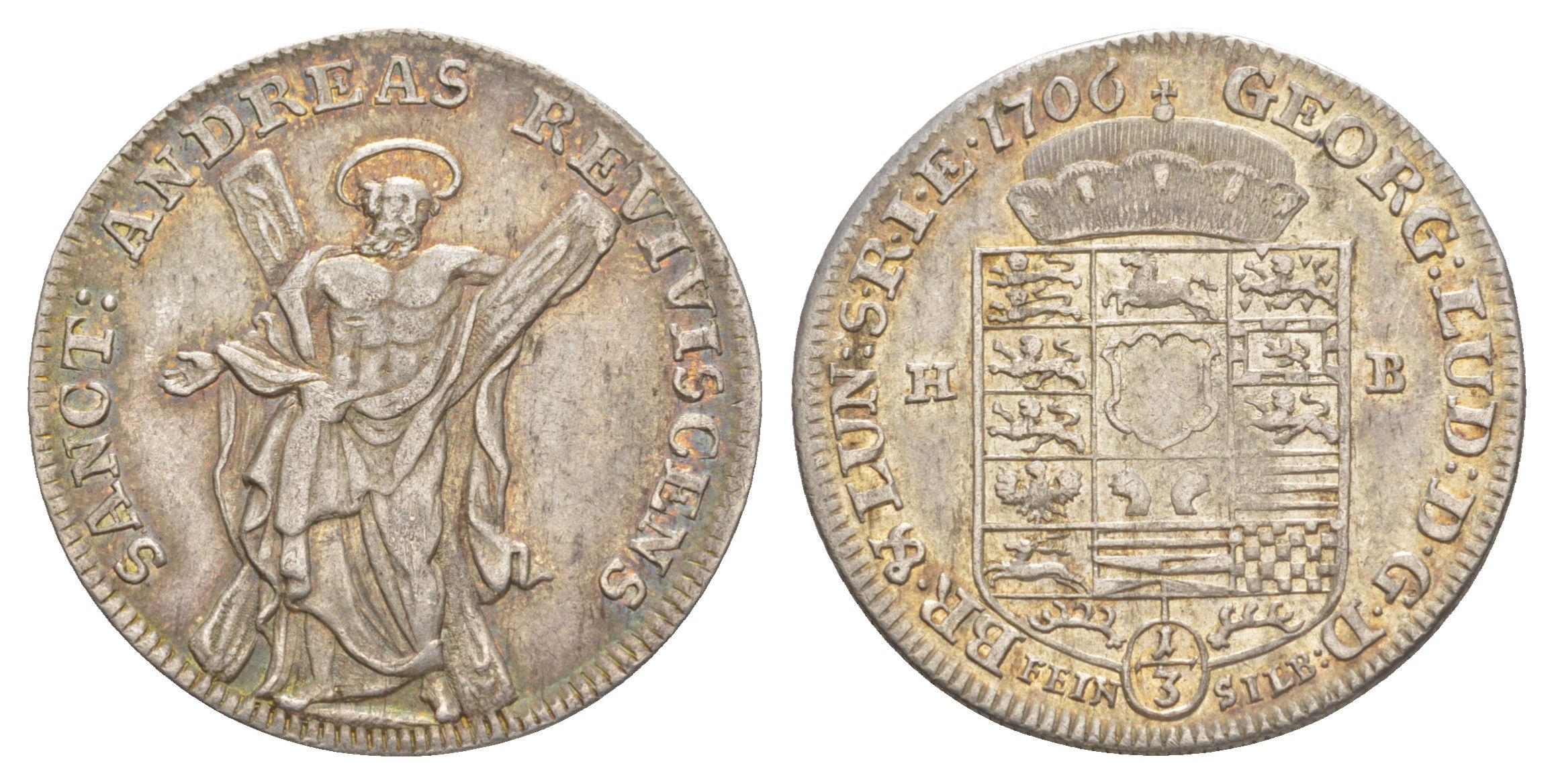 Брауншвейг-Каленберг-Ганновер 1/3 талера 1706 HB, Георг I (1698-1727), из коллекции Ричарда Б. Смита KM 47, Welter?2167, Museler 10.5/39 серебро 00-821-23